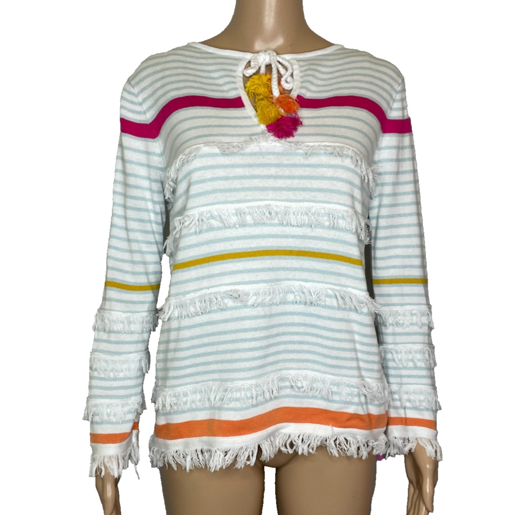 Women's Small Lisa Todd Blue Stripe Tassel Fringe Pullover Cotton Sweater